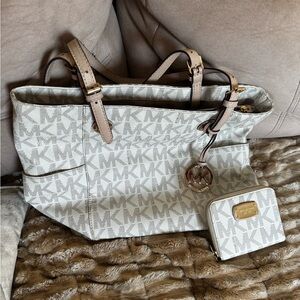 Michael Kors Jet Set Cream and Tan Signature Tote with Wallet Included!
